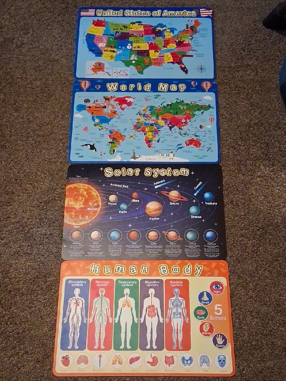 Educational Mat Set - Maps,  Solar System & Human Body